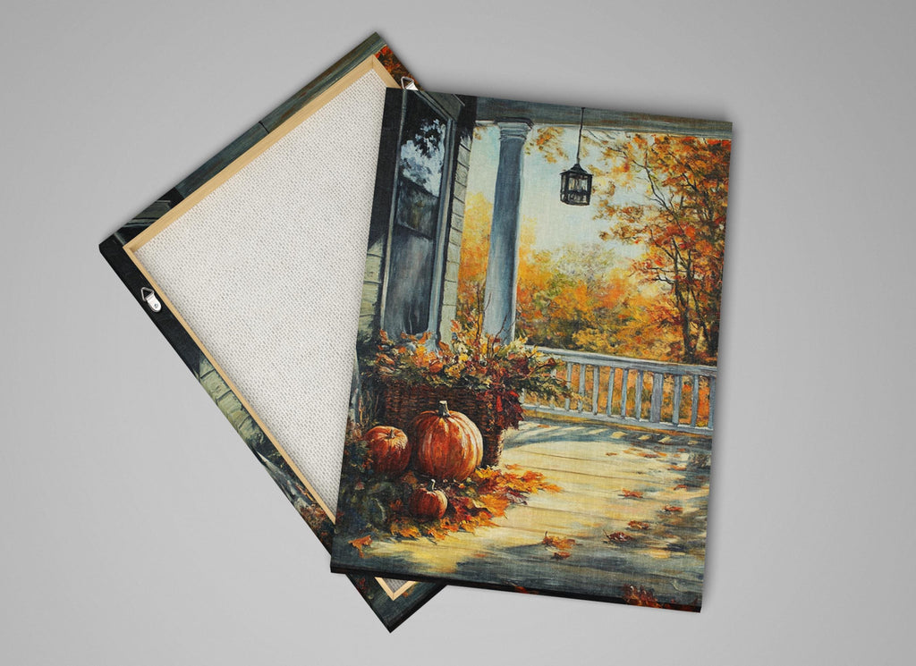 a serene autumn scene on a porch, with a wooden railing, a lantern, and a vase of pumpkins and fall foliage.
