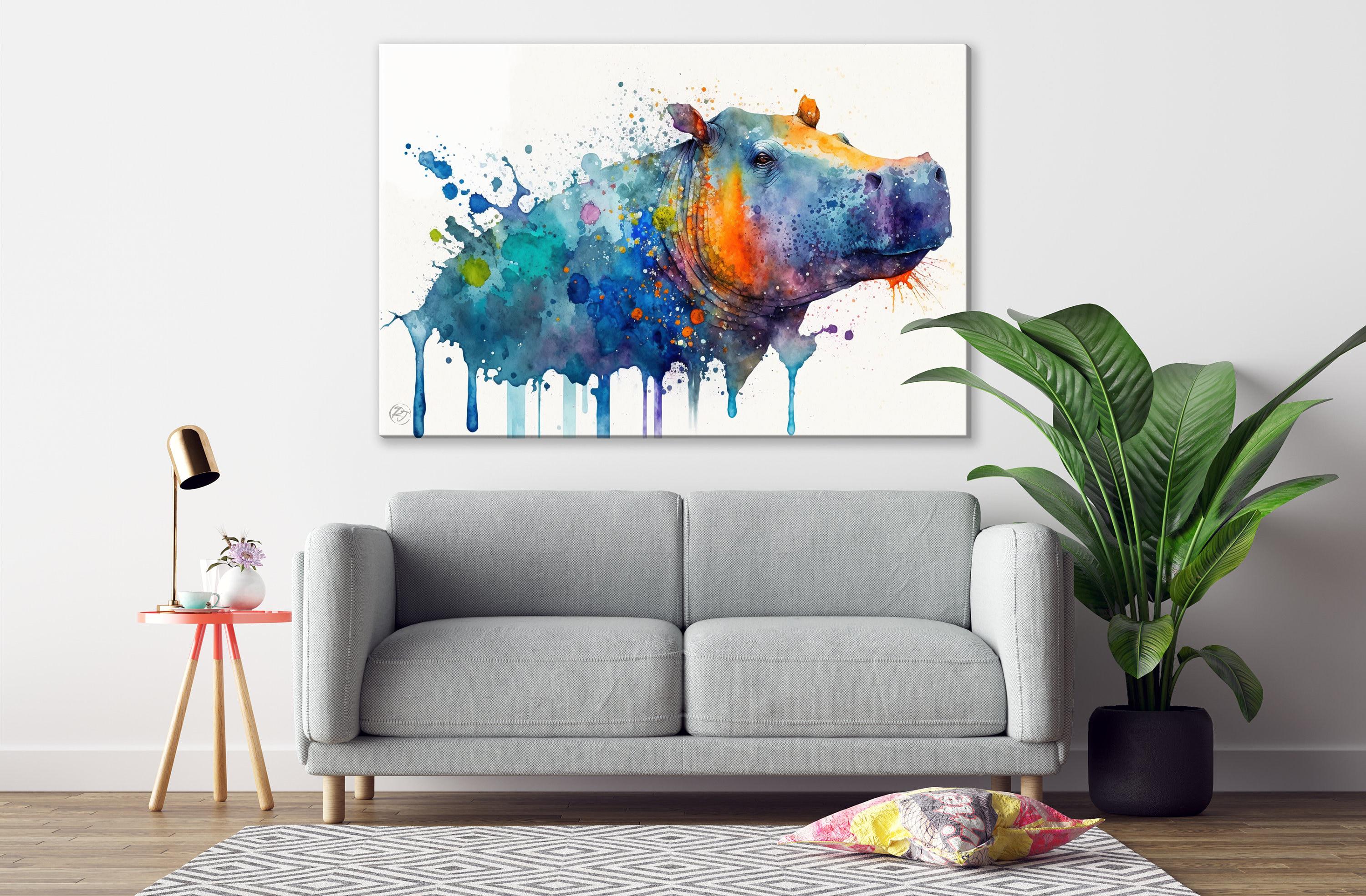 Wildlife Majesty: Hippopotamus Watercolor Painting, Giclee Print on Canvas, Artist Paper, Watercolor Paper, Available in Extra Large Sizes