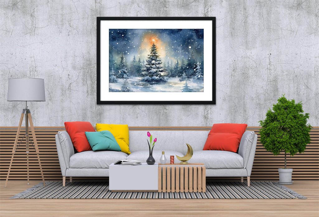 Beautiful Christmas Tree Winter Scene - Watercolor Painting, Print on Canvas, Artist Paper, Watercolor Paper, Available in Extra Large Sizes
