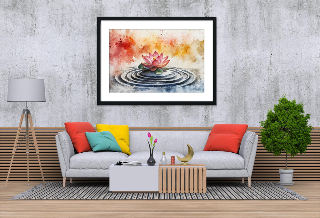 a modern living room with a gray sofa, a wooden coffee table, and a framed watercolor painting of a lotus flower on the wall.