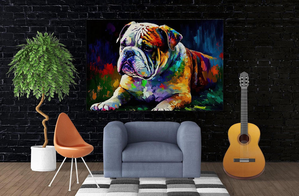 a large, colorful painting of a bulldog on a black brick wall, with a guitar and a chair in the foreground.