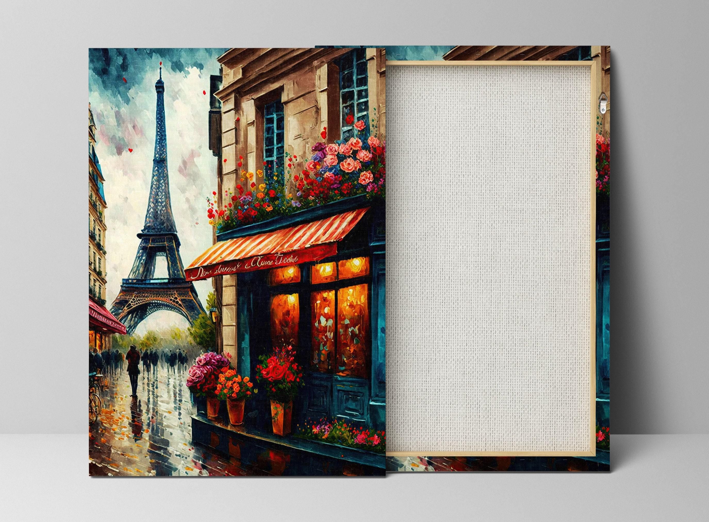 French Bistro Canvas - Paris Street Scene With Eiffel Tower Print | Gallery Ready Frame