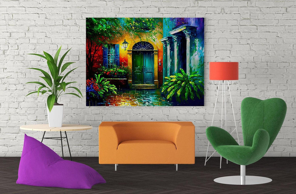 a modern living room with a large painting of a colorful garden scene hanging on the wall. The painting depicts a green door, a blue archway, and a red lamp post, surrounded by lush greenery and flowers. The room is furnished with a green armchair, an orange sofa, and a purple bean bag chair, creating a cozy and inviting atmosphere.