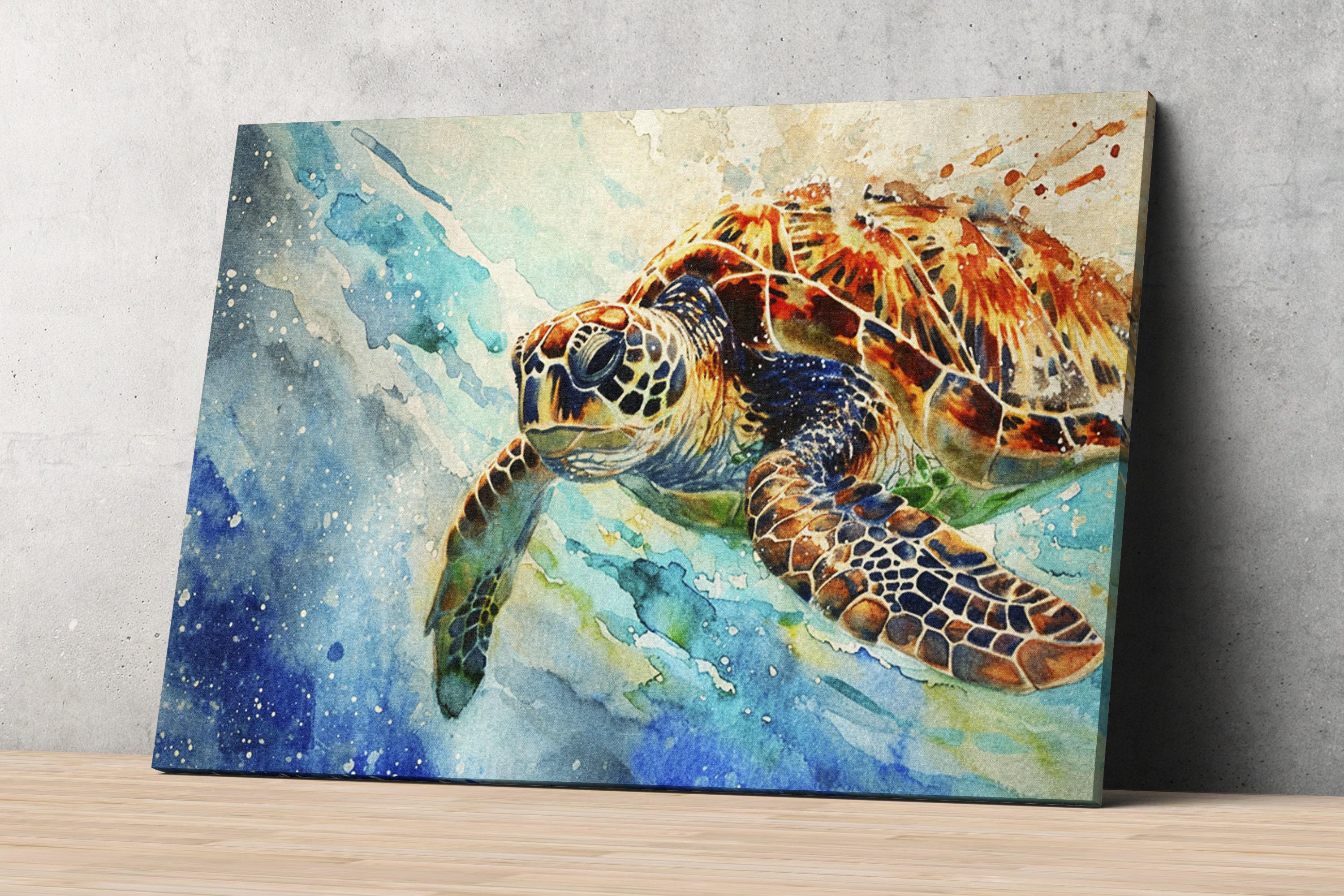 Vibrant Sea Turtle Watercolor – Oceanic Colors Wall Art, Print on Canvas, Artist Paper, Watercolor Paper, Available in Extra Large Sizes