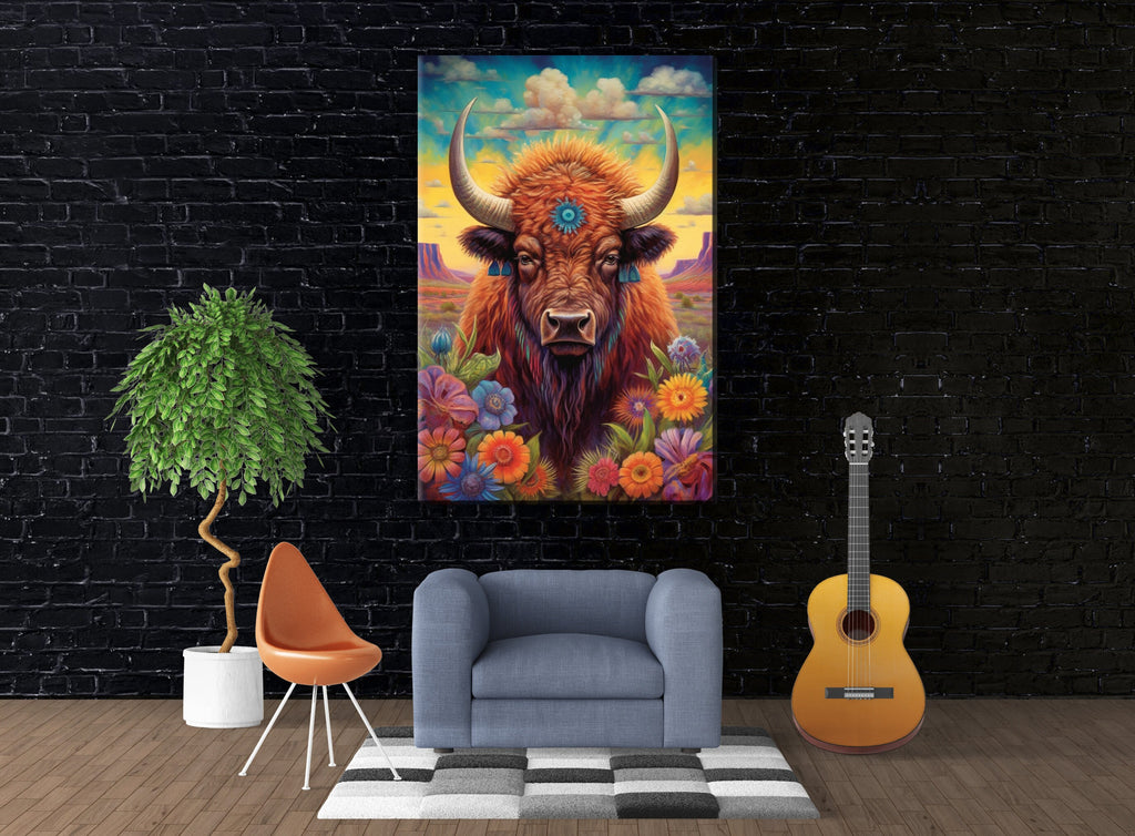 Bison Wall Art - Western Theme Painting | Yellowstone Bison Portrait Canvas Print