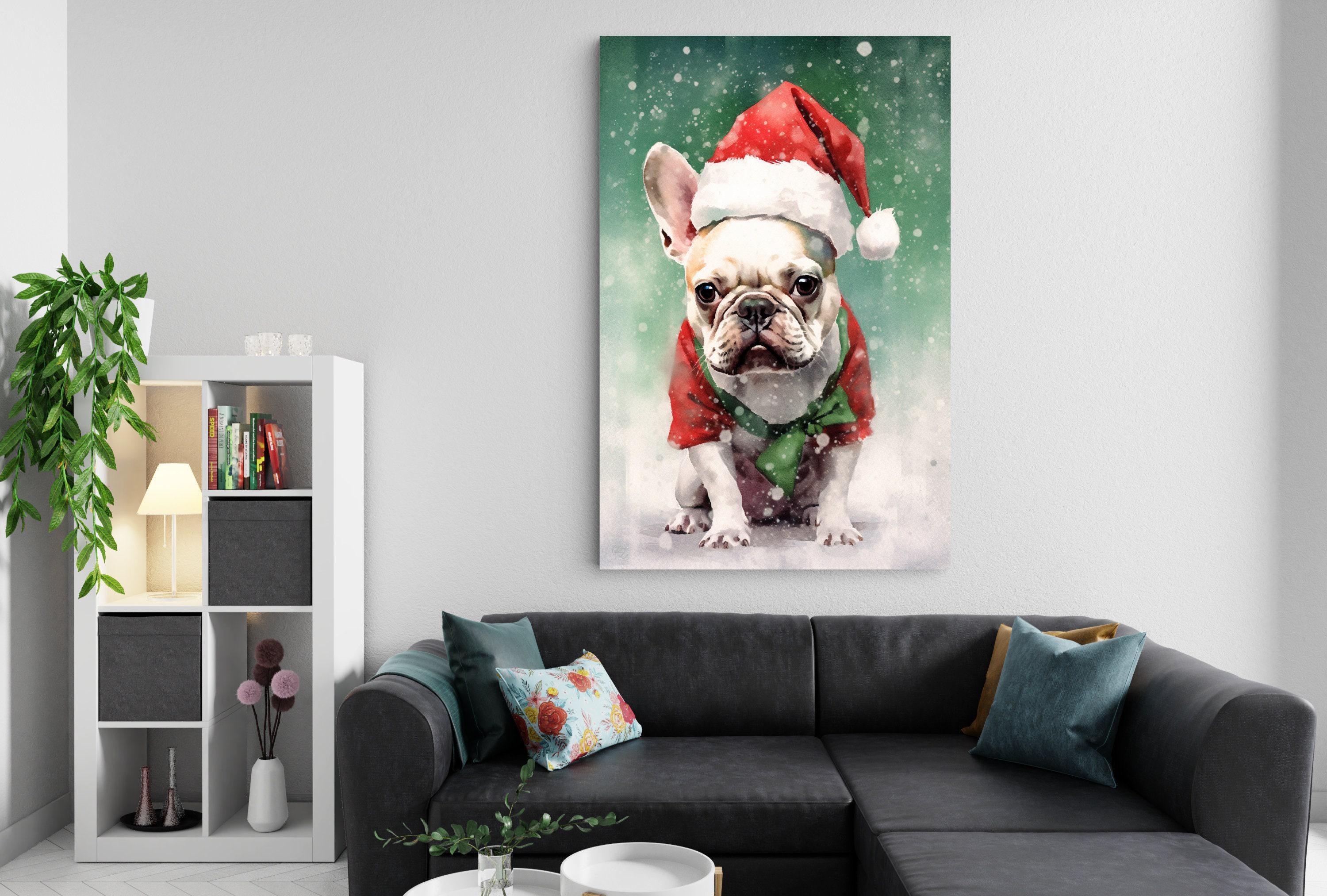 Festive French Bulldog in Santa Hat Watercolor Art, Giclee Print on Canvas, Artist Paper, Watercolor Paper, Available in Extra Large Sizes