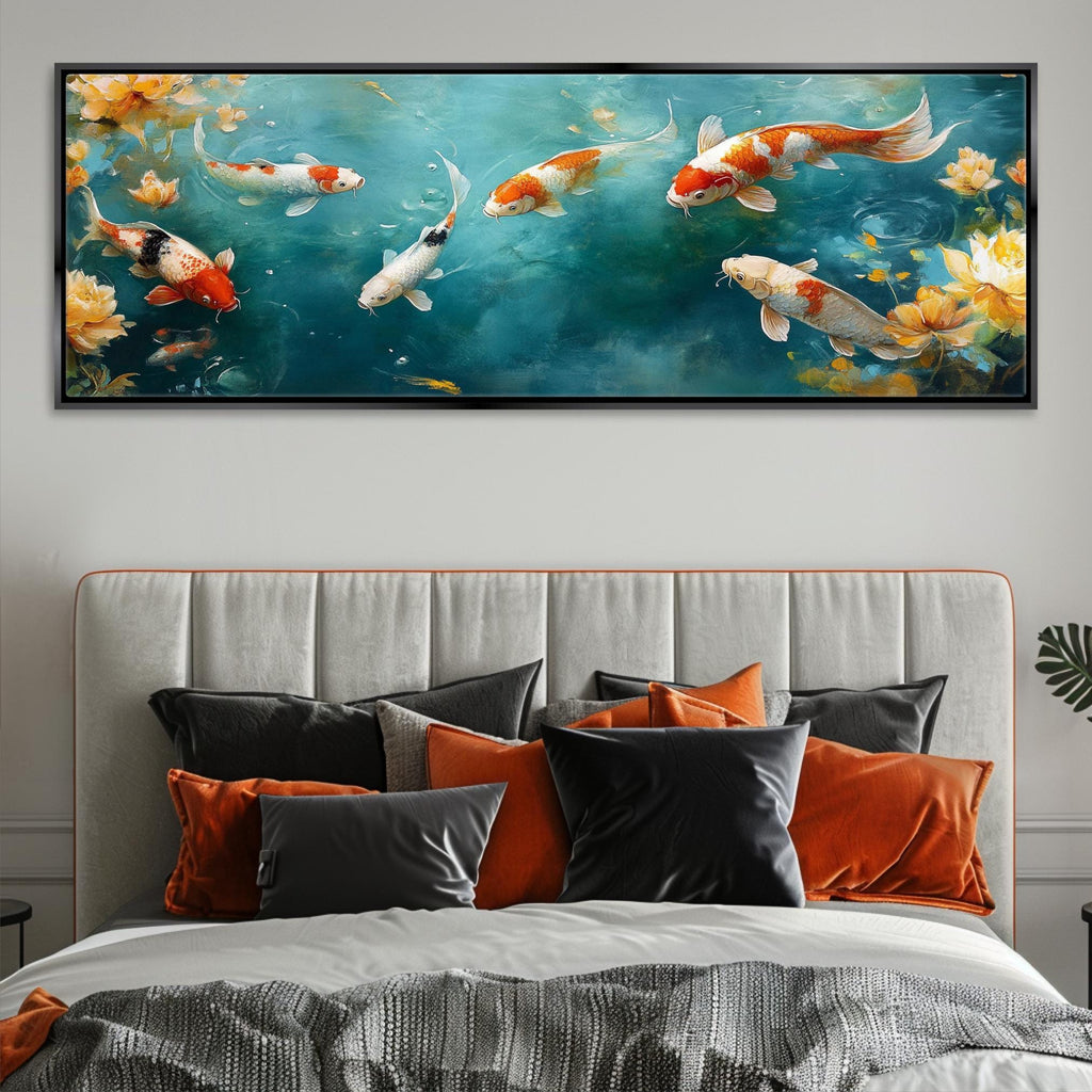 a bed with a painting on the wall above it