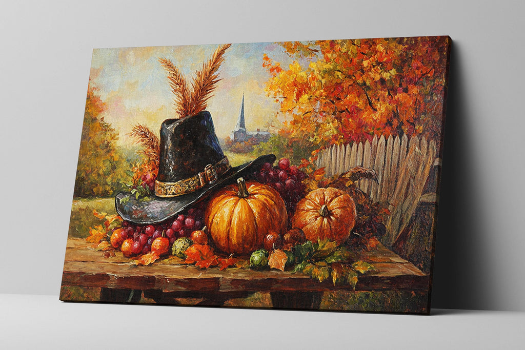 The image is a painting depicting a rustic scene with a wooden table, a black cowboy hat, a pumpkin, a gourd, and a bunch of grapes. The background features a scenic landscape with a church spire and trees with autumn foliage.