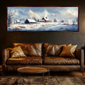 a living room with a couch and a painting on the wall