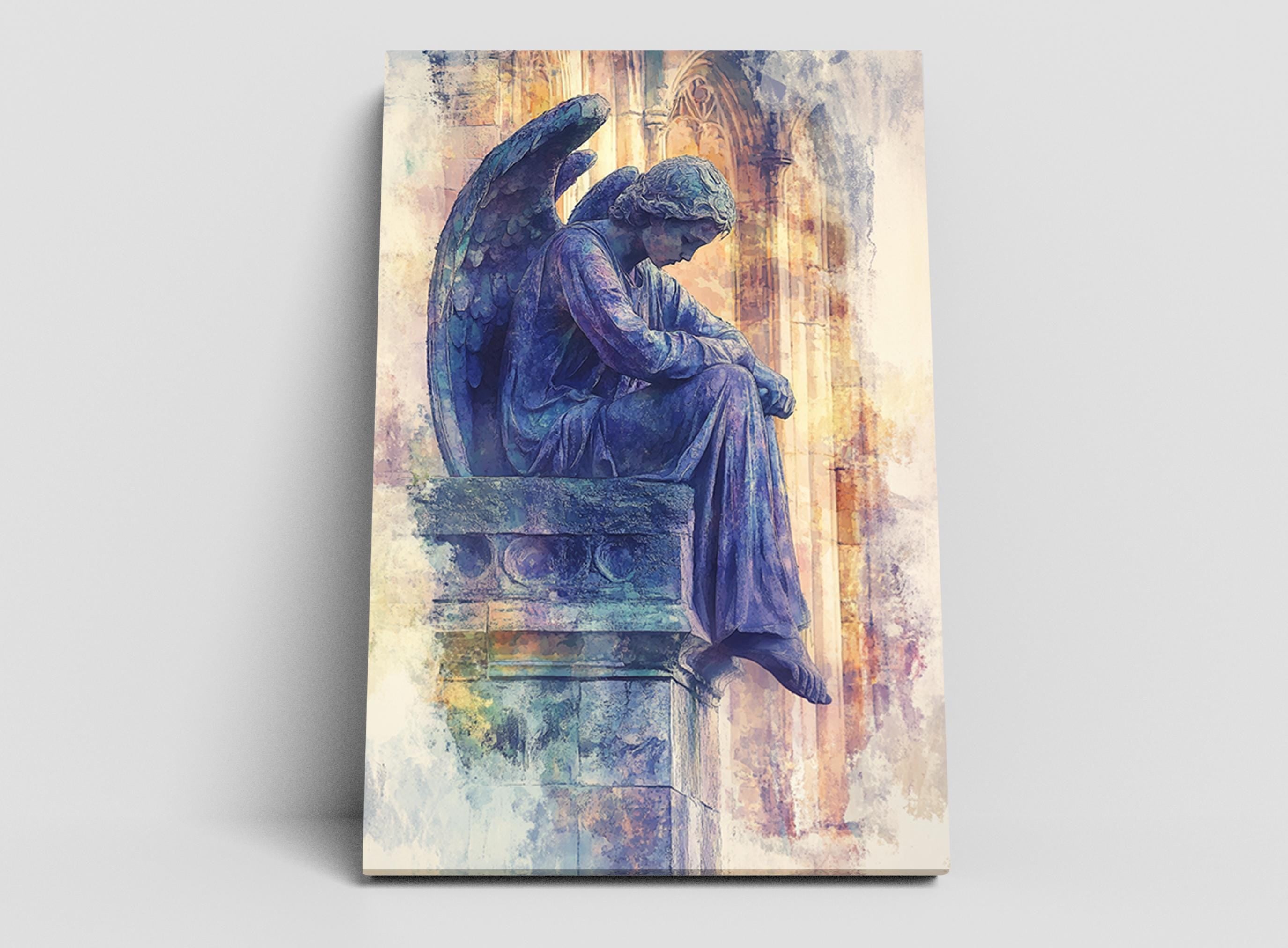 A digital painting of a statue of an angel sitting on a pedestal, with a colorful and abstract background.