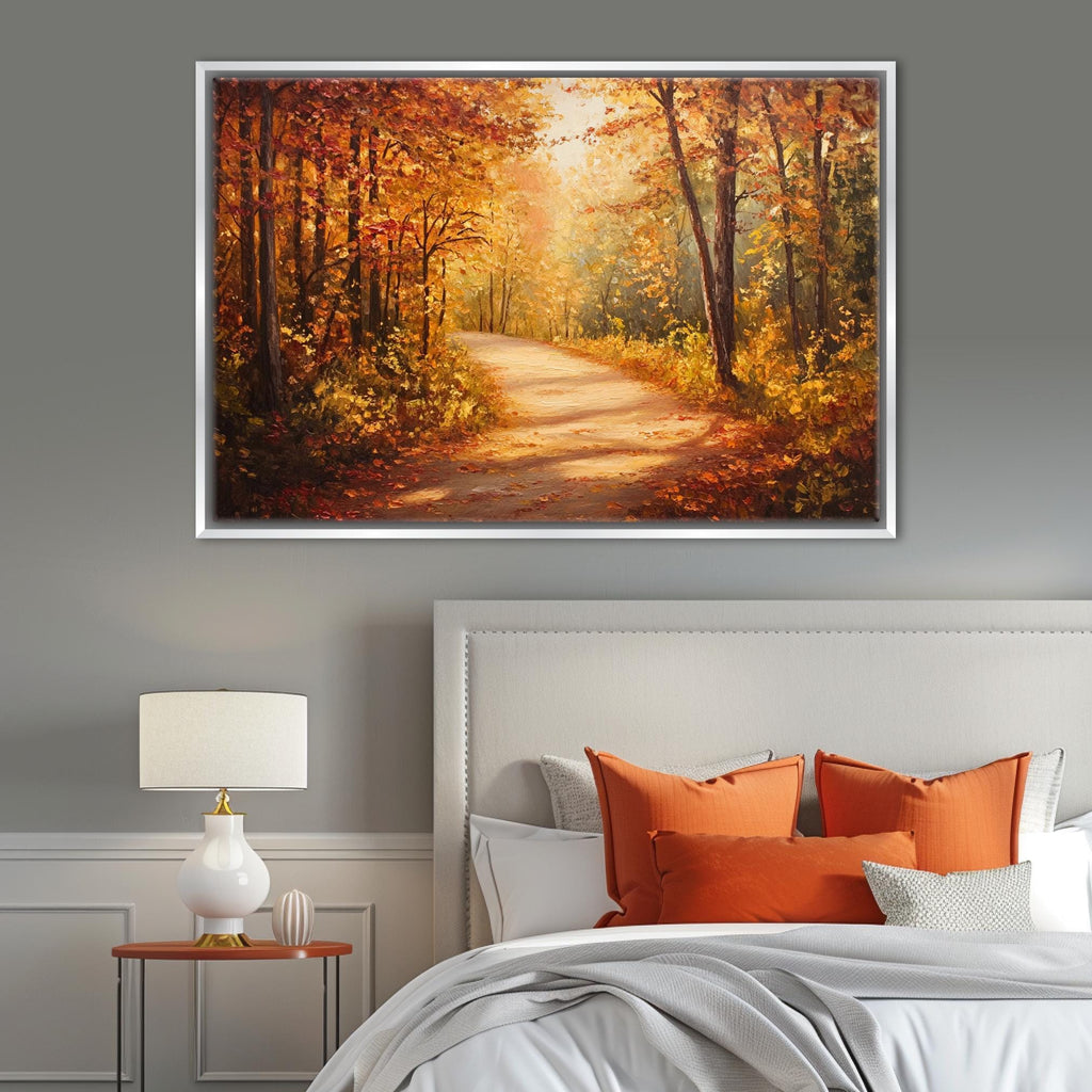 a serene autumn landscape with a winding path surrounded by trees with vibrant orange leaves.