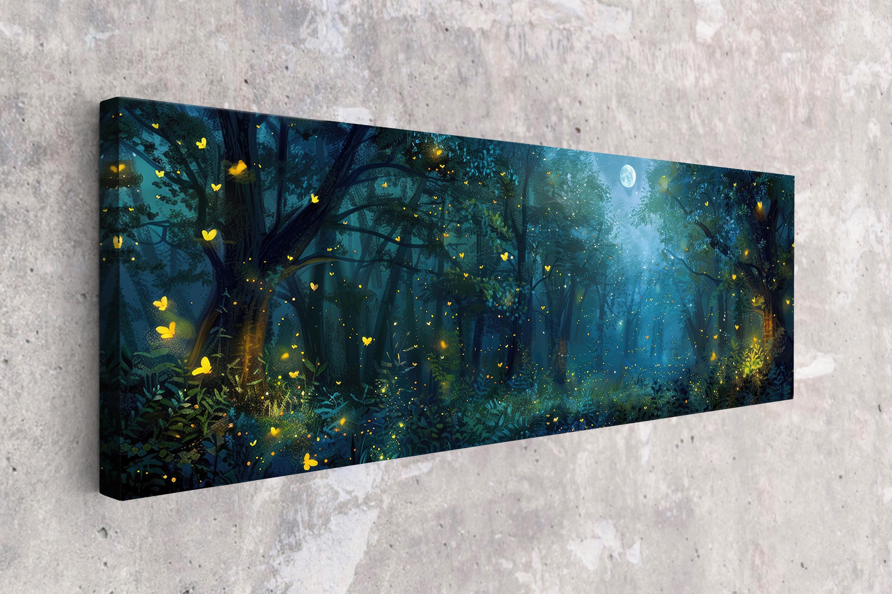 A painting depicting a mystical forest scene with glowing fireflies, a full moon, and a path leading through the trees.