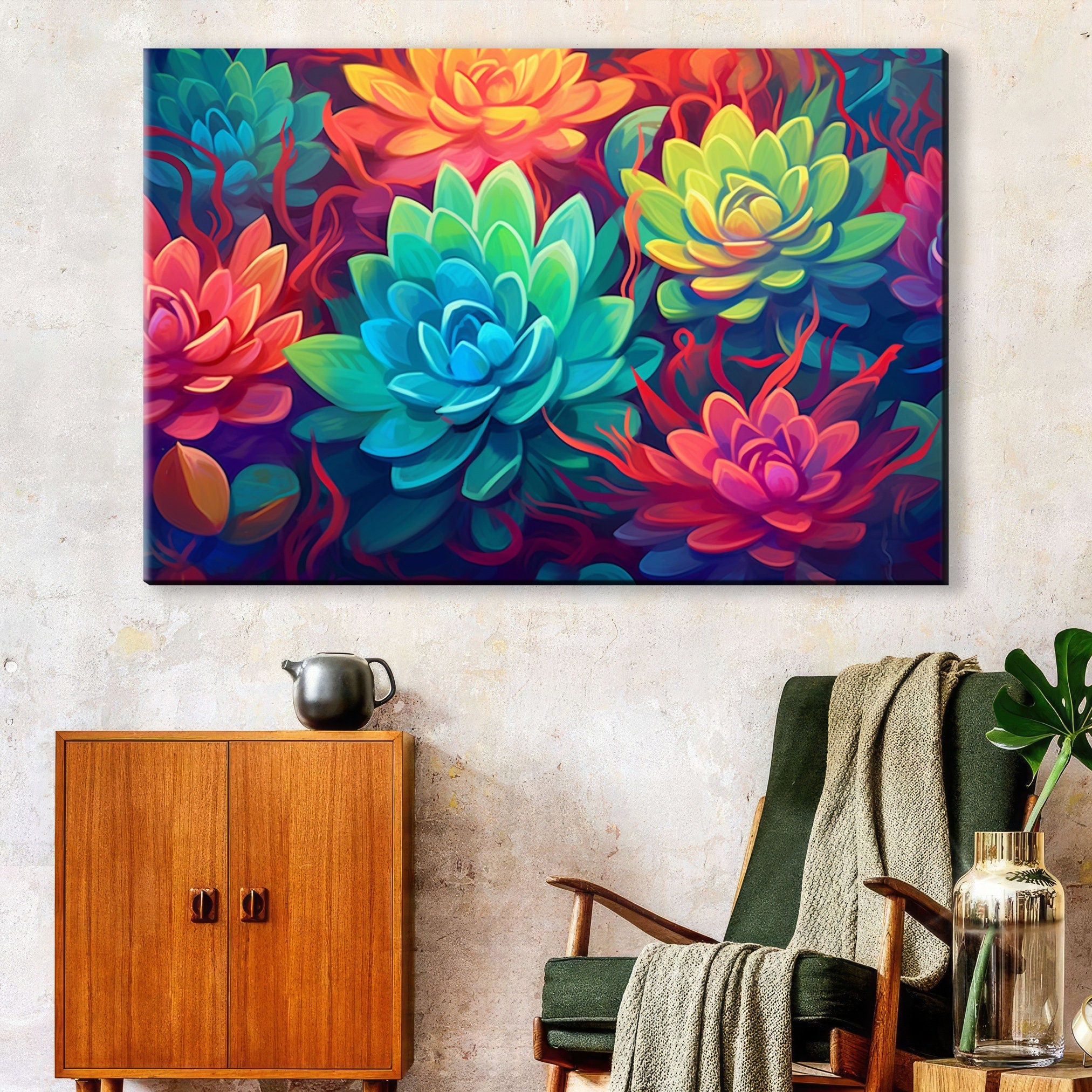 Succulent Garden Canvas – Vibrant Botanical Wall Art with Wooden Frame, Large Prints