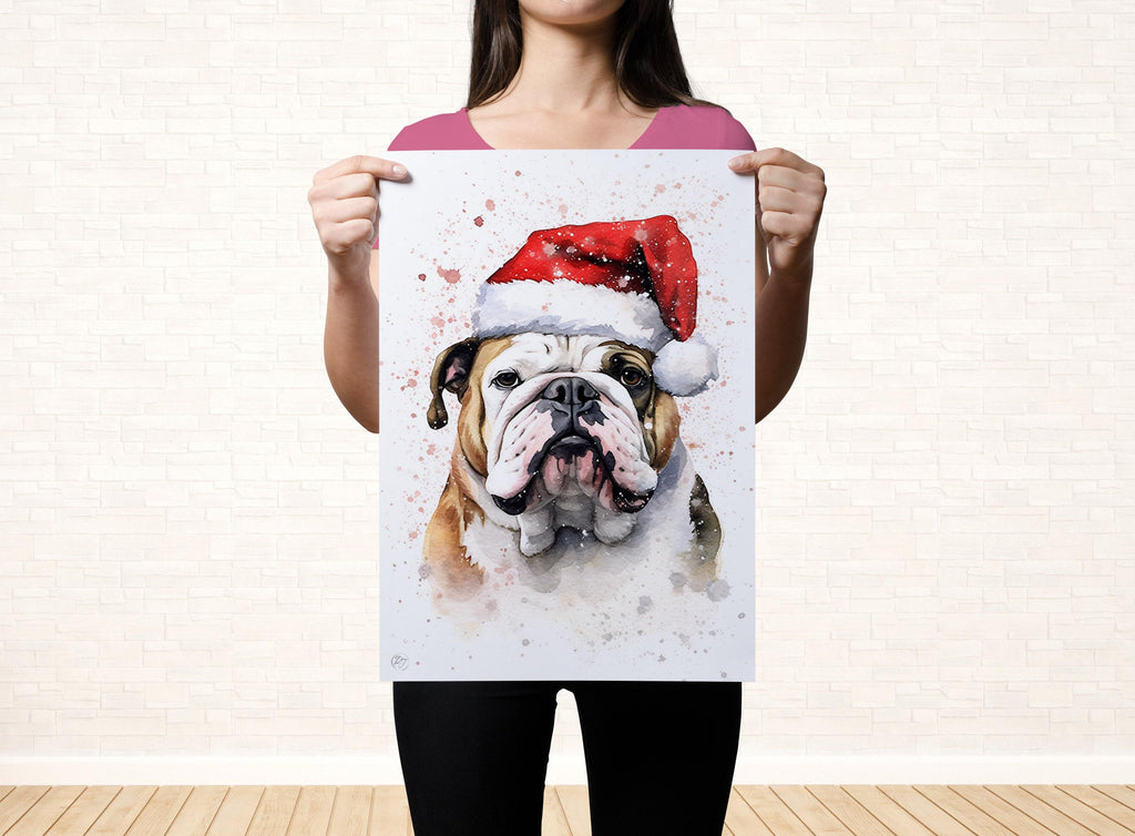 Christmas Bulldog - English Bulldog with Santa Hat, Giclee Print on Canvas, Artist Paper, Watercolor Paper, Available in Extra Large Sizes