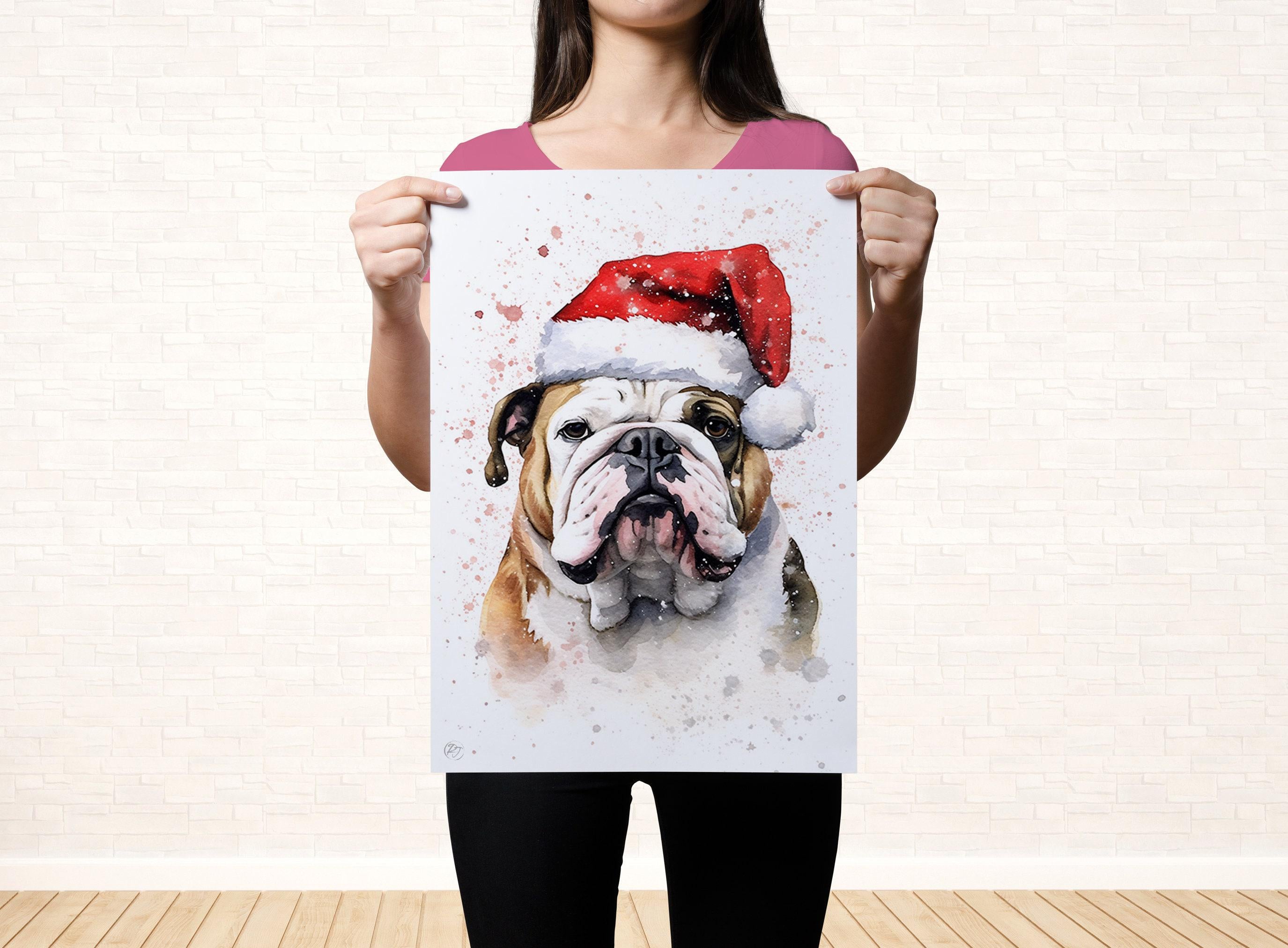 Christmas Bulldog - English Bulldog with Santa Hat, Giclee Print on Canvas, Artist Paper, Watercolor Paper, Available in Extra Large Sizes