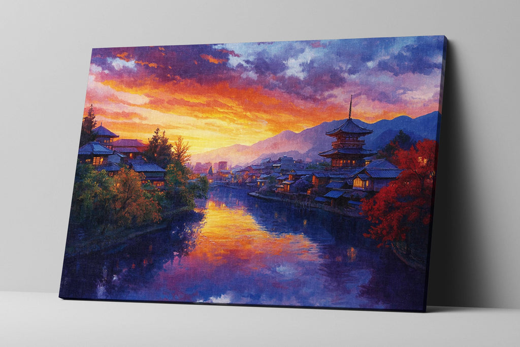 a painting of a beautiful sunset over a river