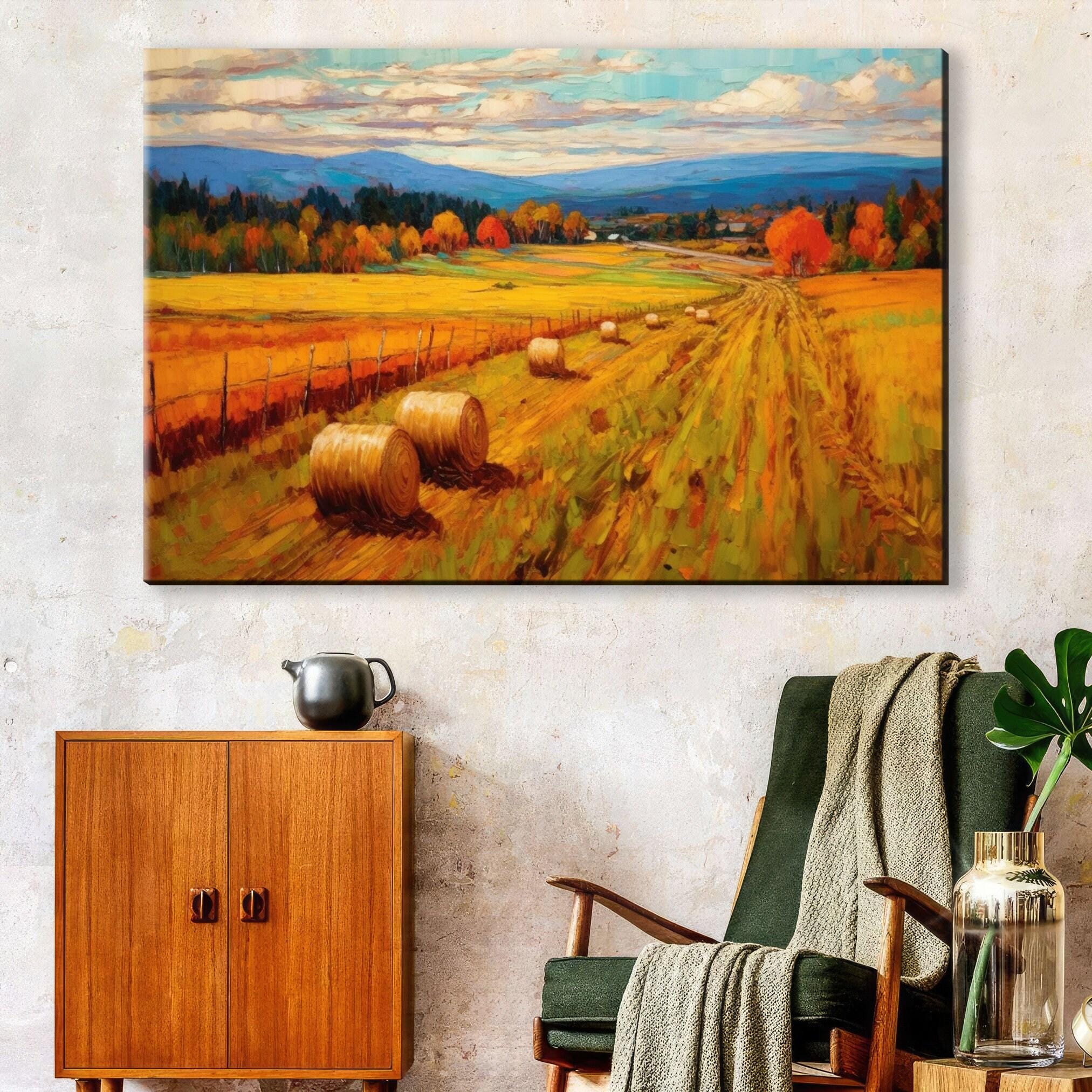 Rural Canvas Wall Art – Large Canvas Art with Hay Bale Painting, Rustic Home Decor