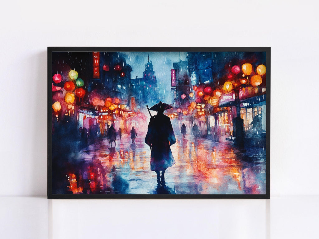 The image is a painting depicting a rainy night scene in a city, with a person walking down a wet street holding an umbrella.