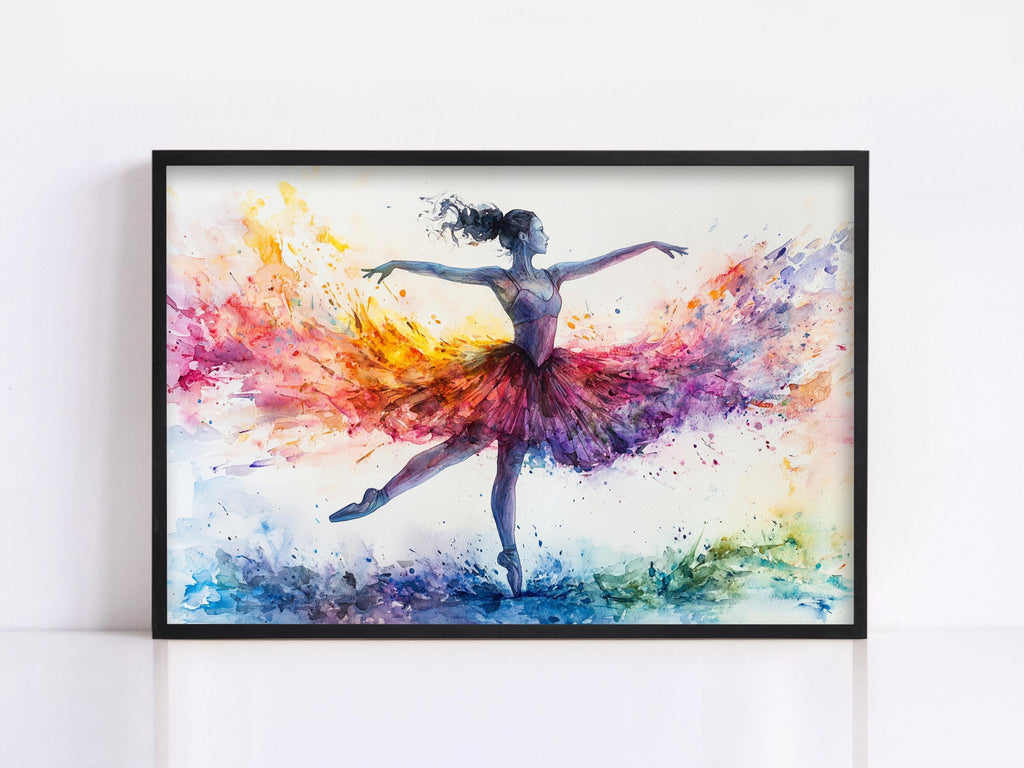 A framed painting depicting a ballerina in a colorful tutu performing a graceful dance pose.