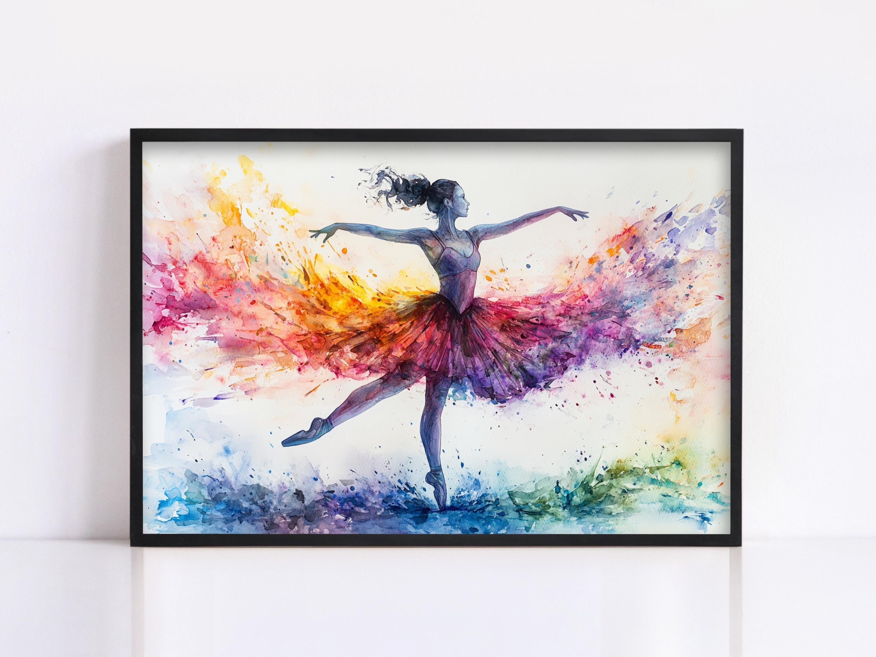 A framed painting depicting a ballerina in a colorful tutu performing a graceful dance pose.