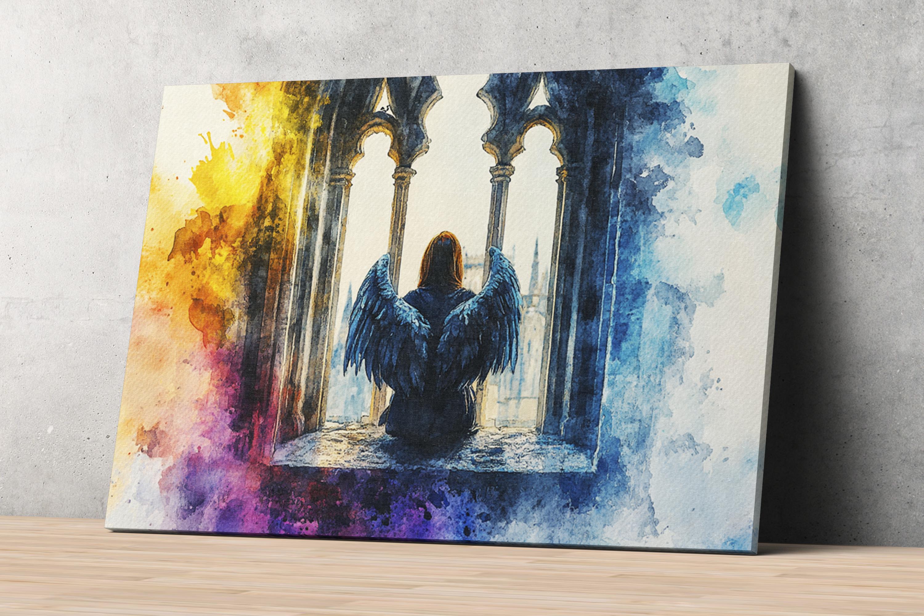 The image is a watercolor painting depicting a person with wings, sitting in a window with ornate architectural elements.