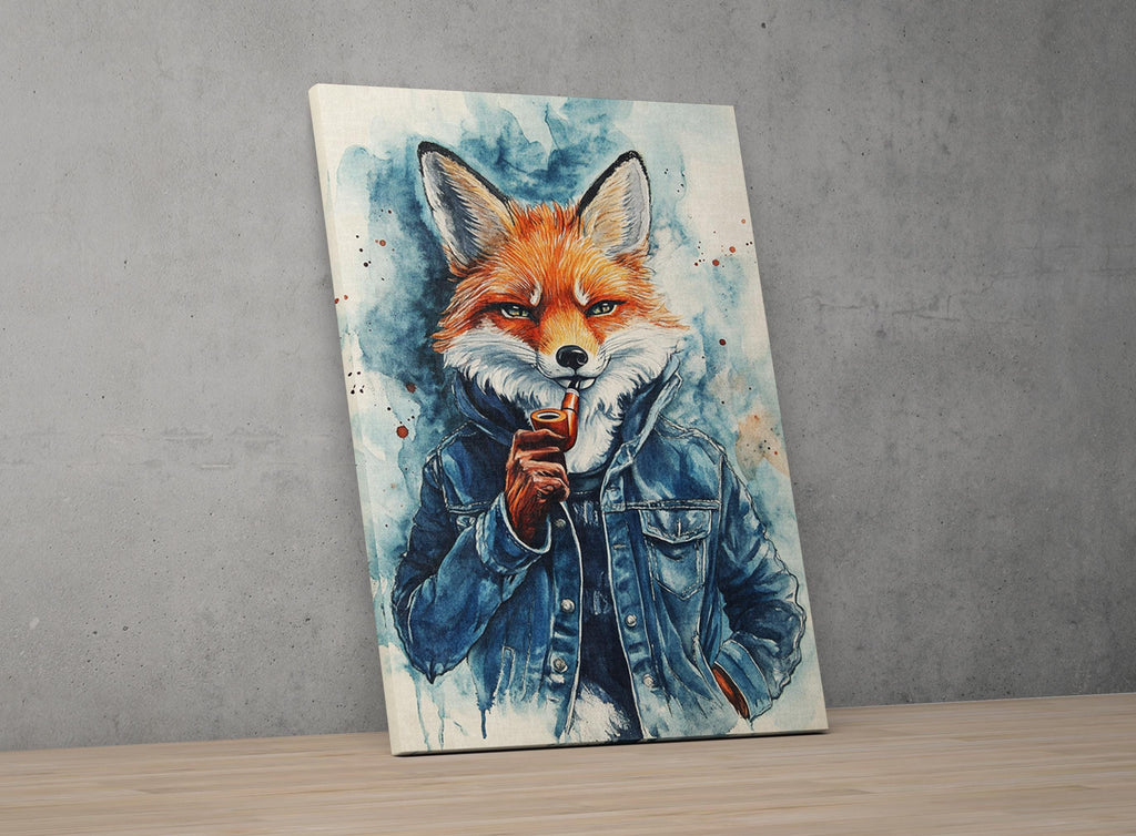 The image is a painting of a fox wearing a denim jacket and holding a cigarette.