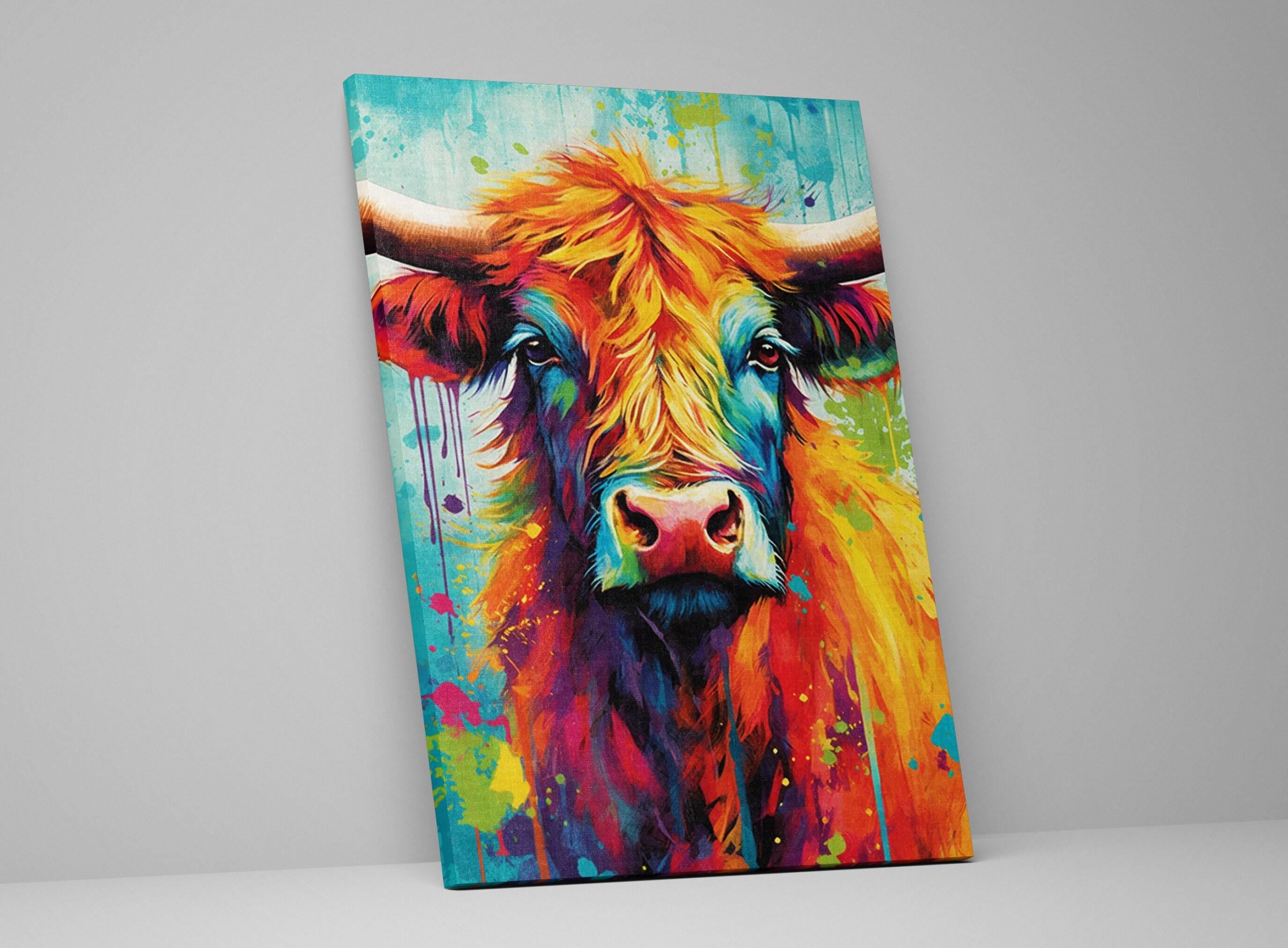 Highland Cow Painting – Watercolor Canvas Print | Colorful Cow Art on Large Canvas