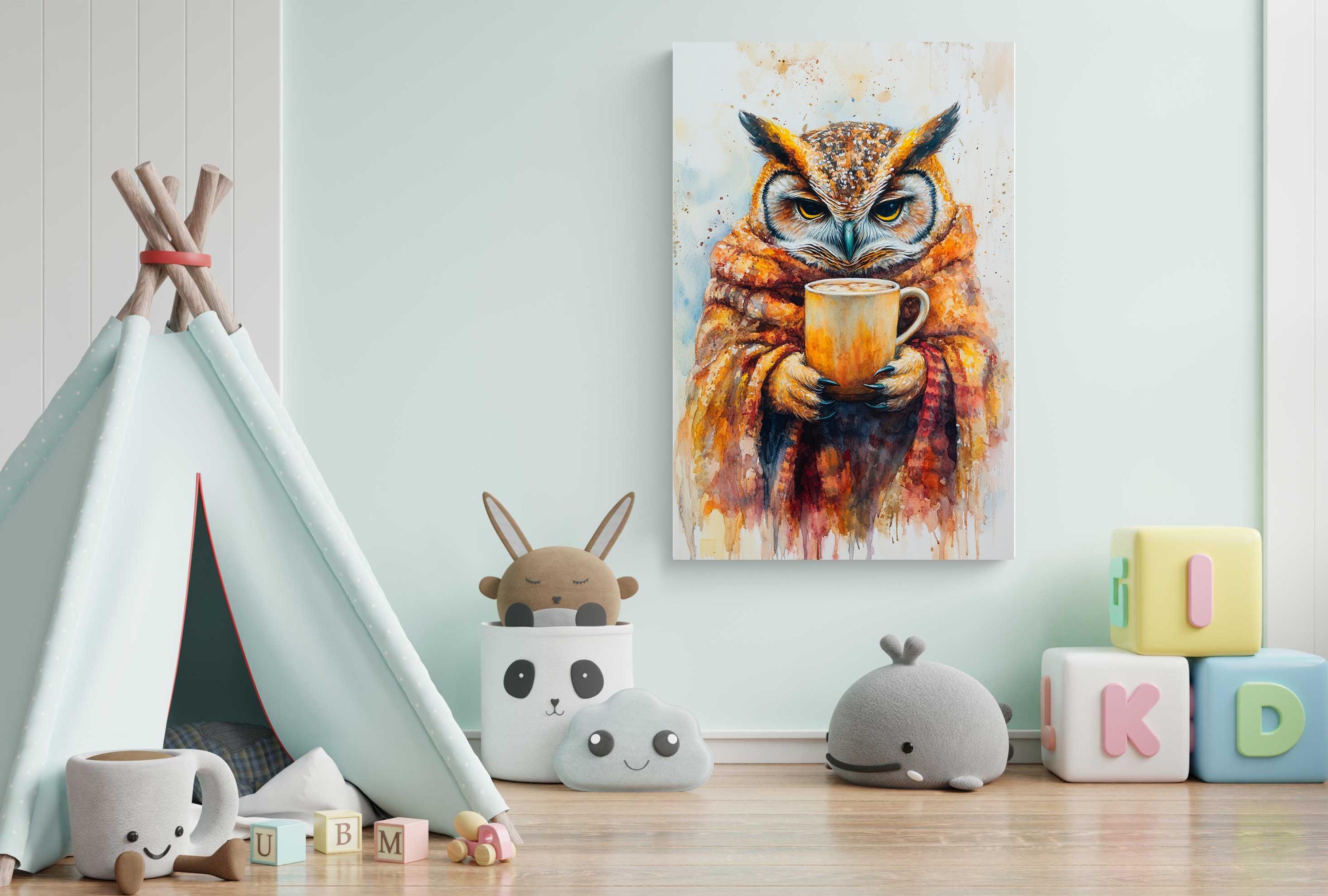 A colorful owl holding a cup of coffee is displayed on the wall, surrounded by various toys and decorations in a child's bedroom.