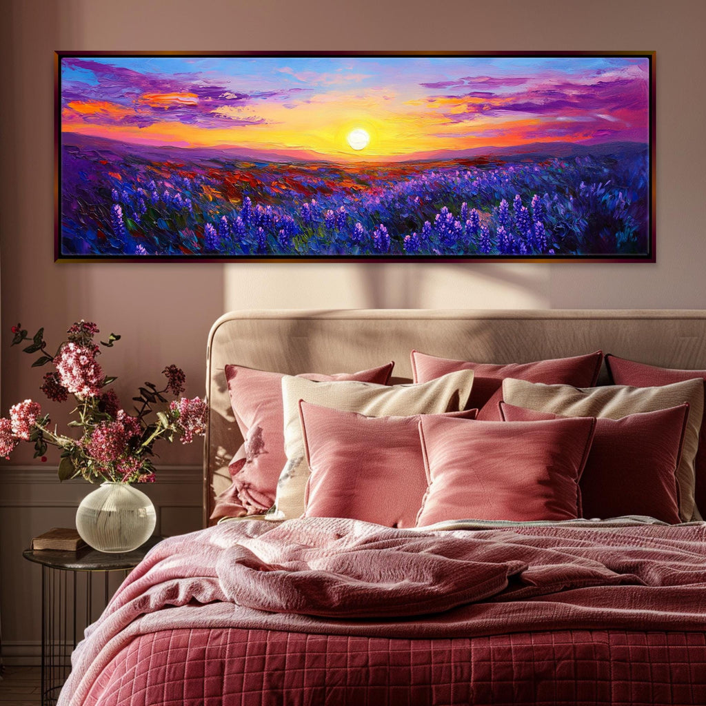 a painting of a sunset over a field of flowers
