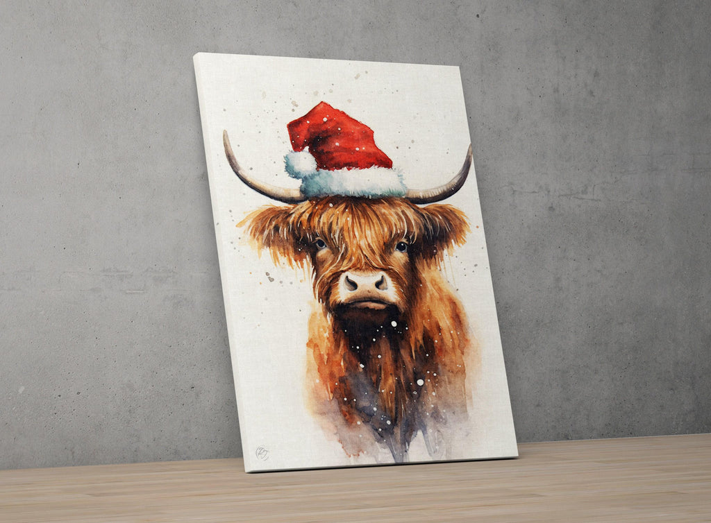 Festive Highland Cow in Santa Hat Watercolor Art, Giclee Print on Canvas, Artist Paper, Watercolor Paper, Available in Extra Large Sizes