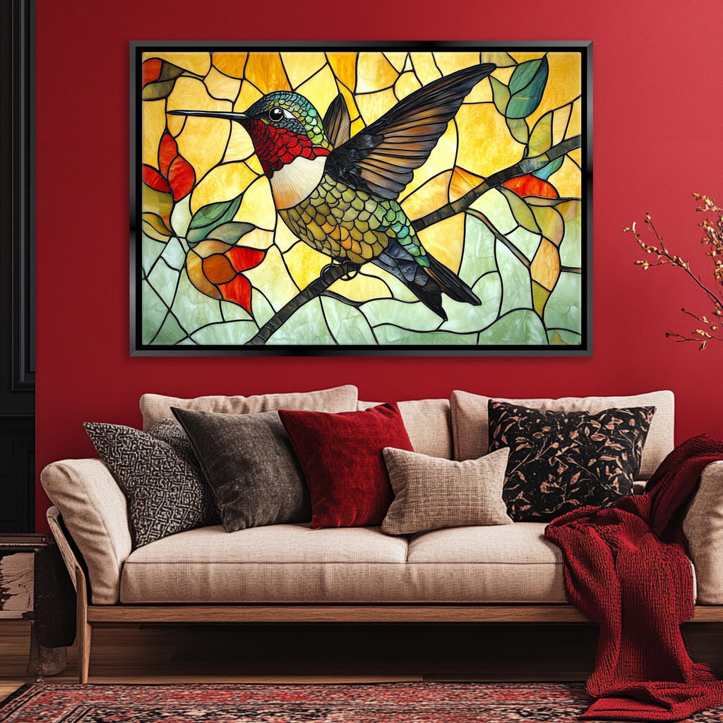 a living room with a couch and a painting on the wall