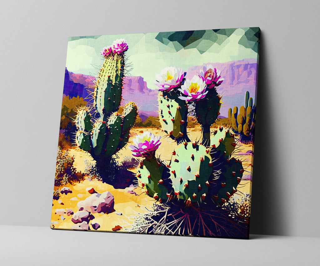 Desert Cactus Art – Purple Green Cactus Blossom on Gallery Wrapped Canvas, Ready to Hang