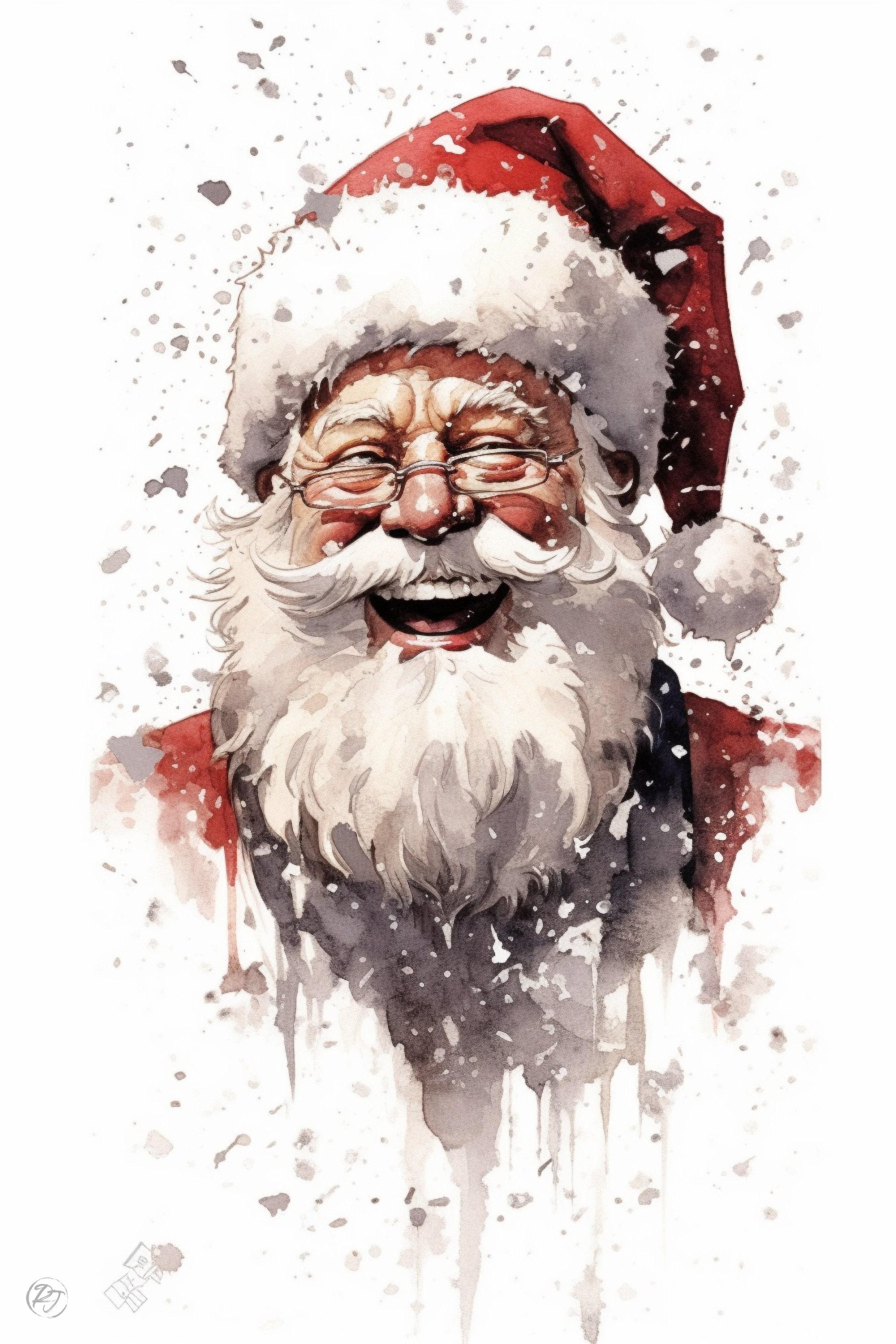 Cheerful Santa Claus - Rustic Christmas Wall Decor, Giclee Print on Canvas, Artist Paper, Watercolor Paper, Available in Extra Large Sizes