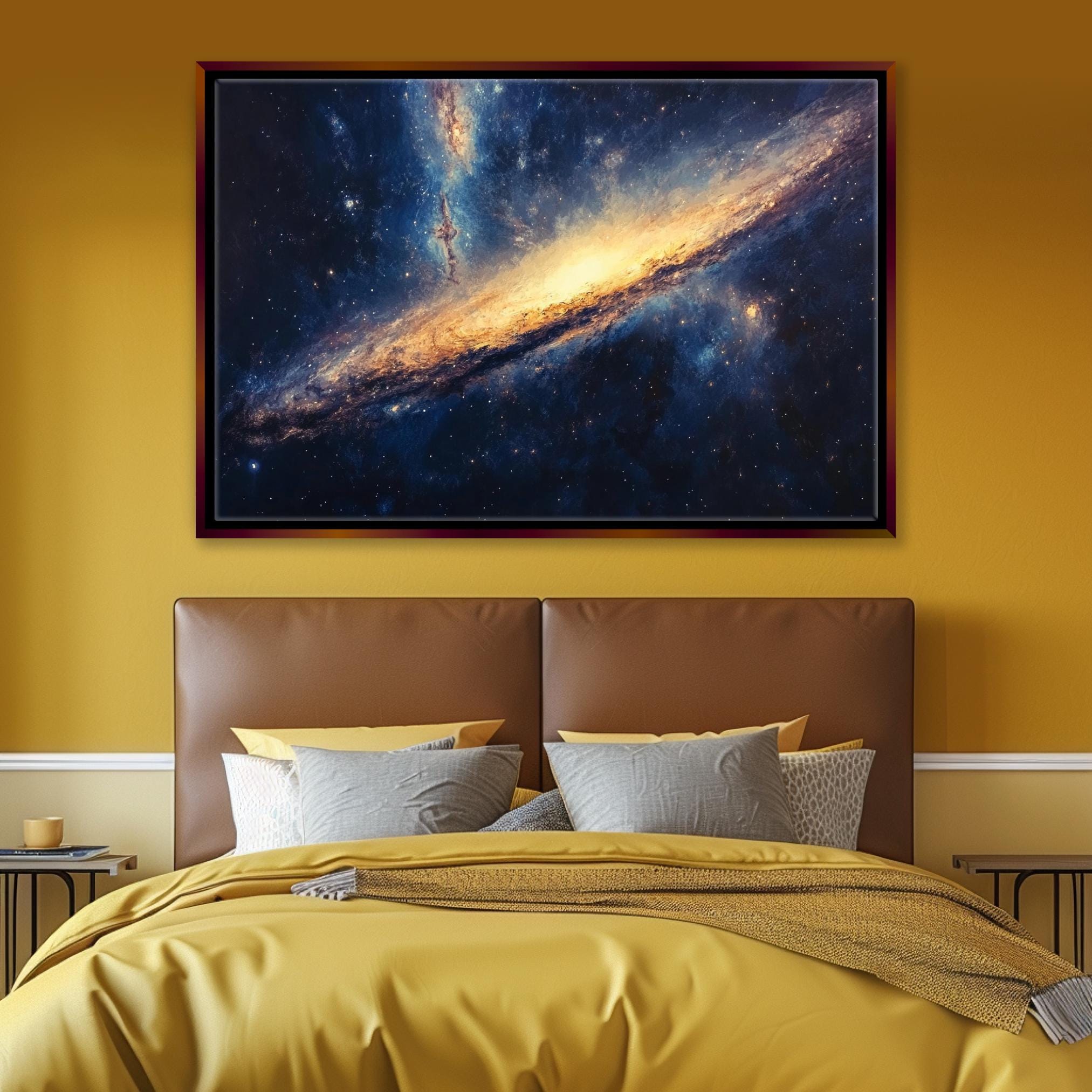 a bedroom with a large painting on the wall above the bed