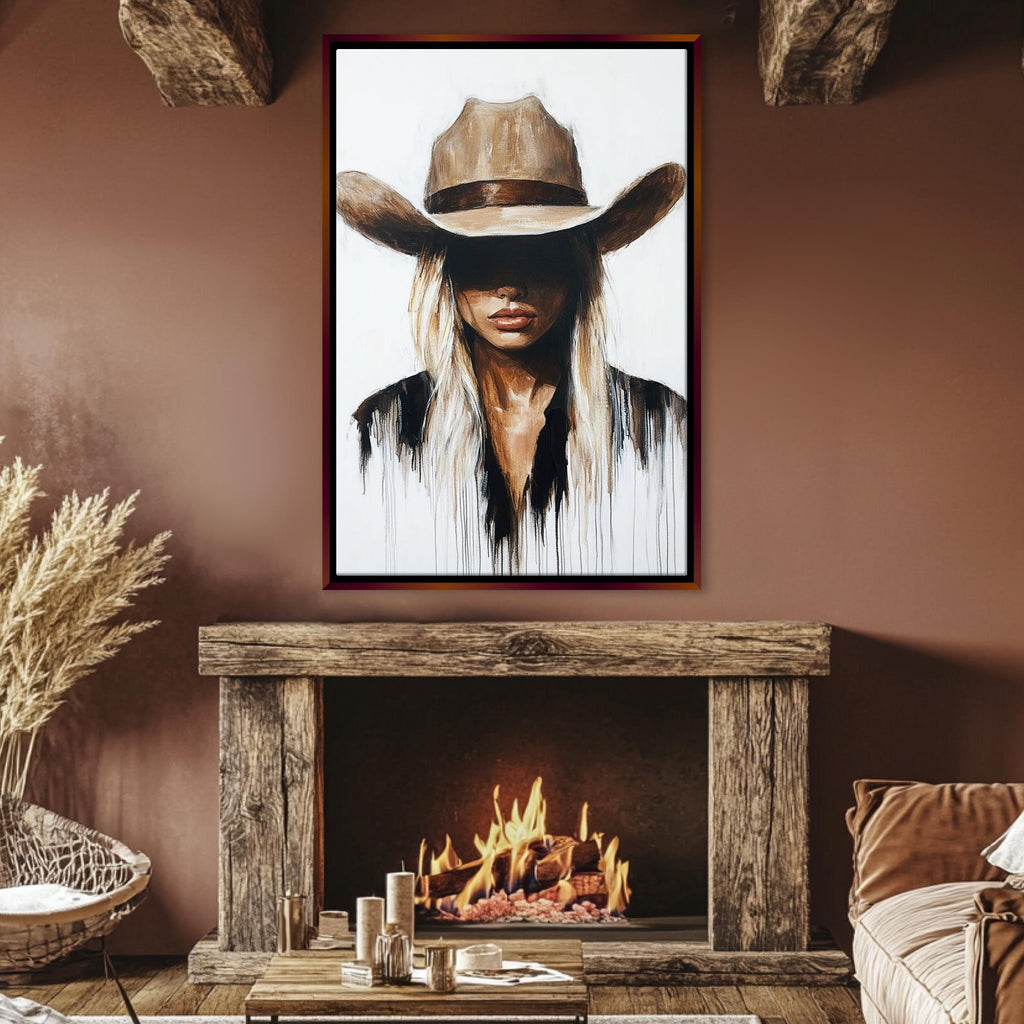 a painting of a woman wearing a cowboy hat