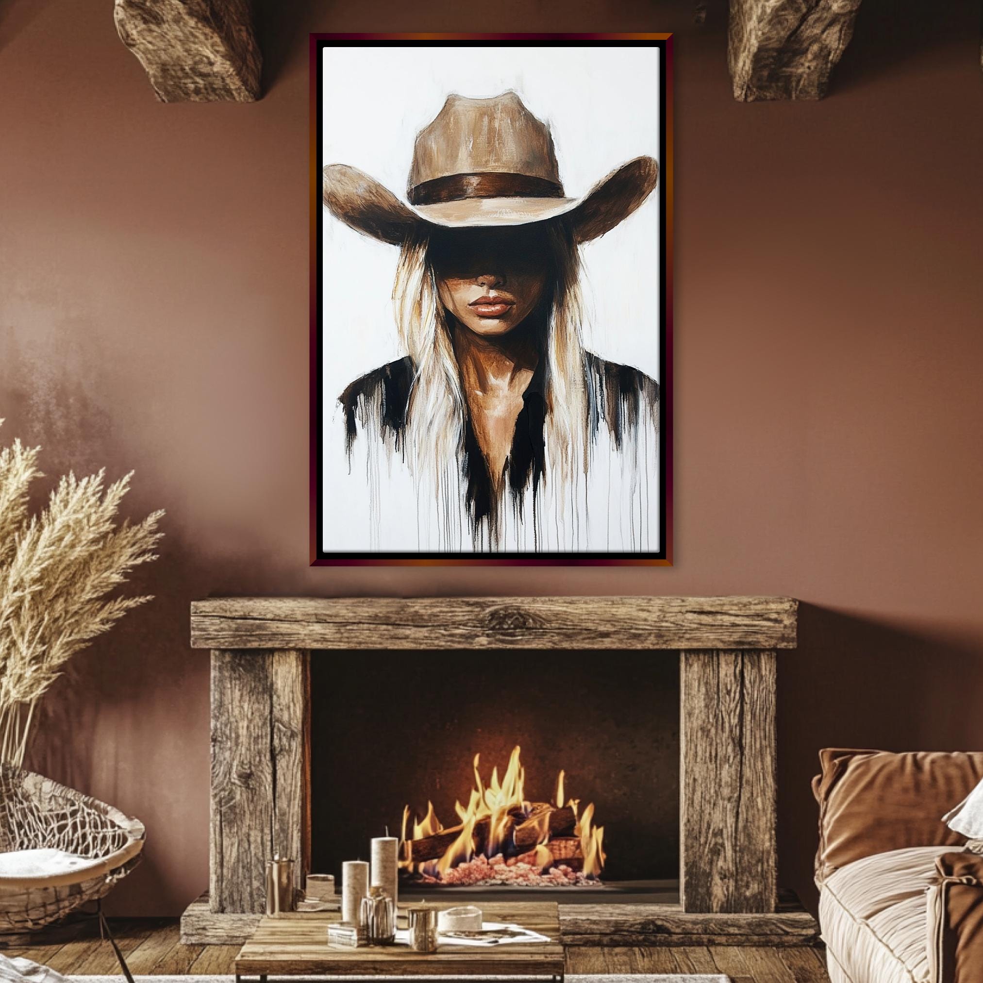 a painting of a woman wearing a cowboy hat