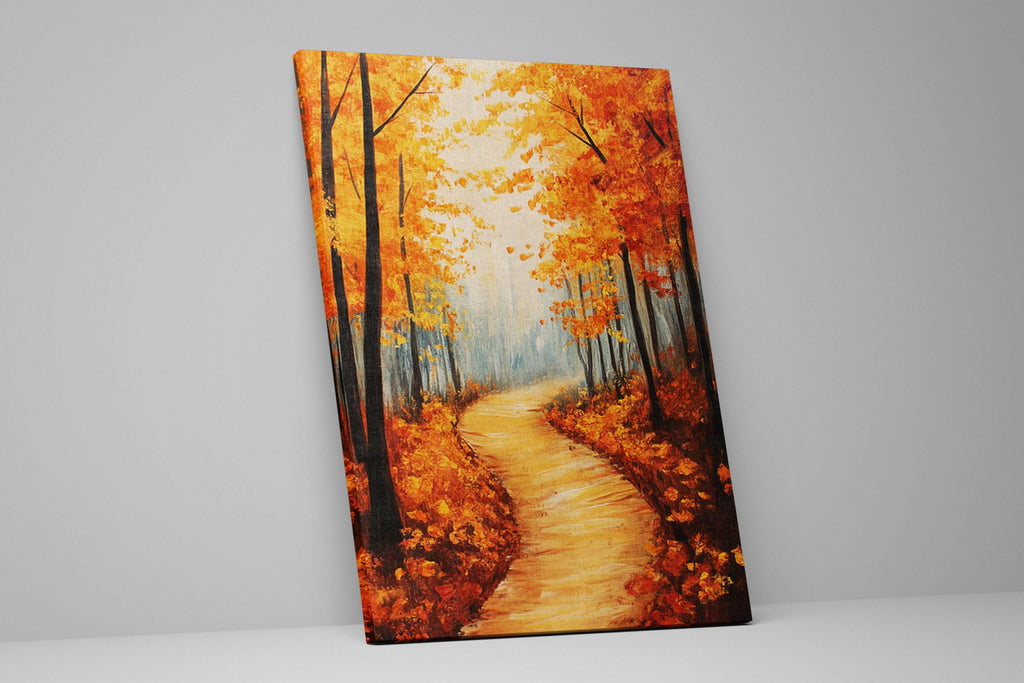 The image is a painting depicting a winding path through a forest with vibrant orange and yellow foliage.