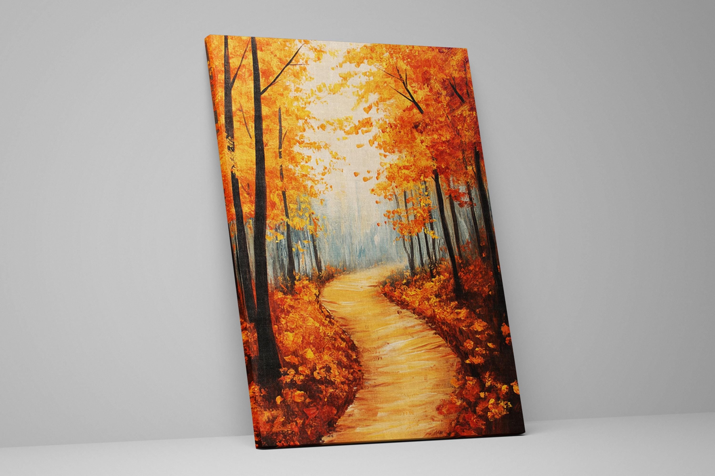 The image is a painting depicting a winding path through a forest with vibrant orange and yellow foliage.