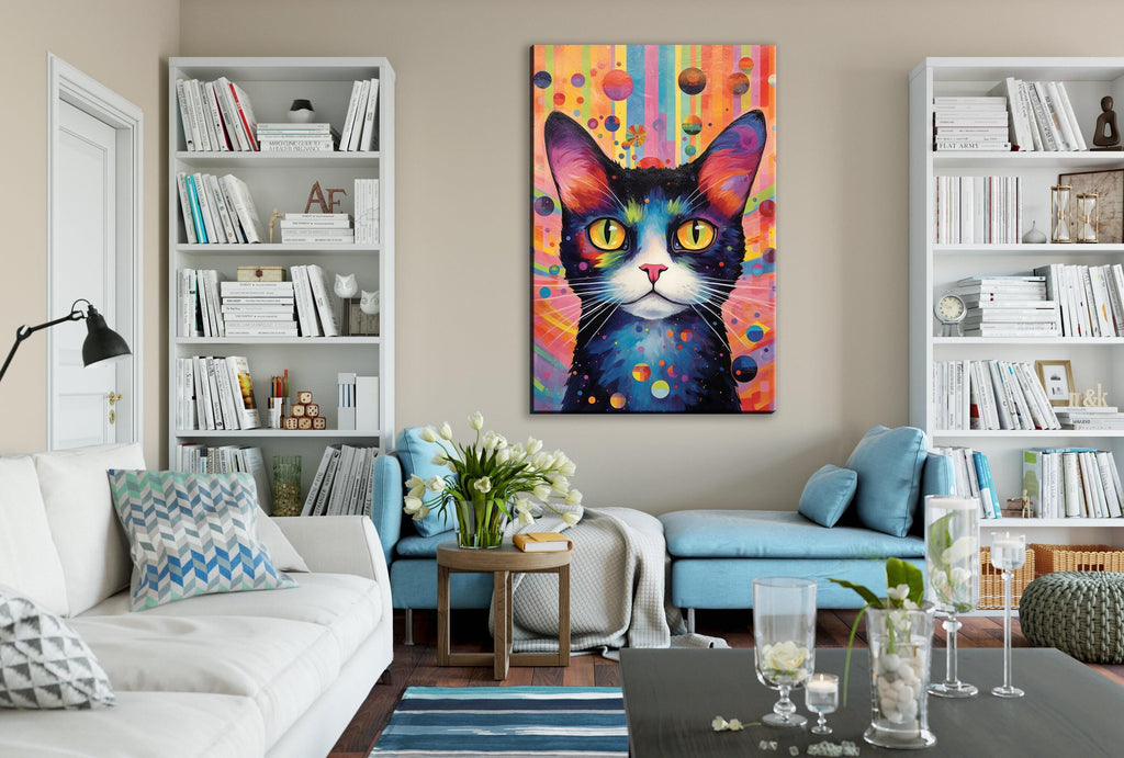 Cat Canvas Wall Art – Large Whimsical Kitten Painting | Colorful Cat Artwork