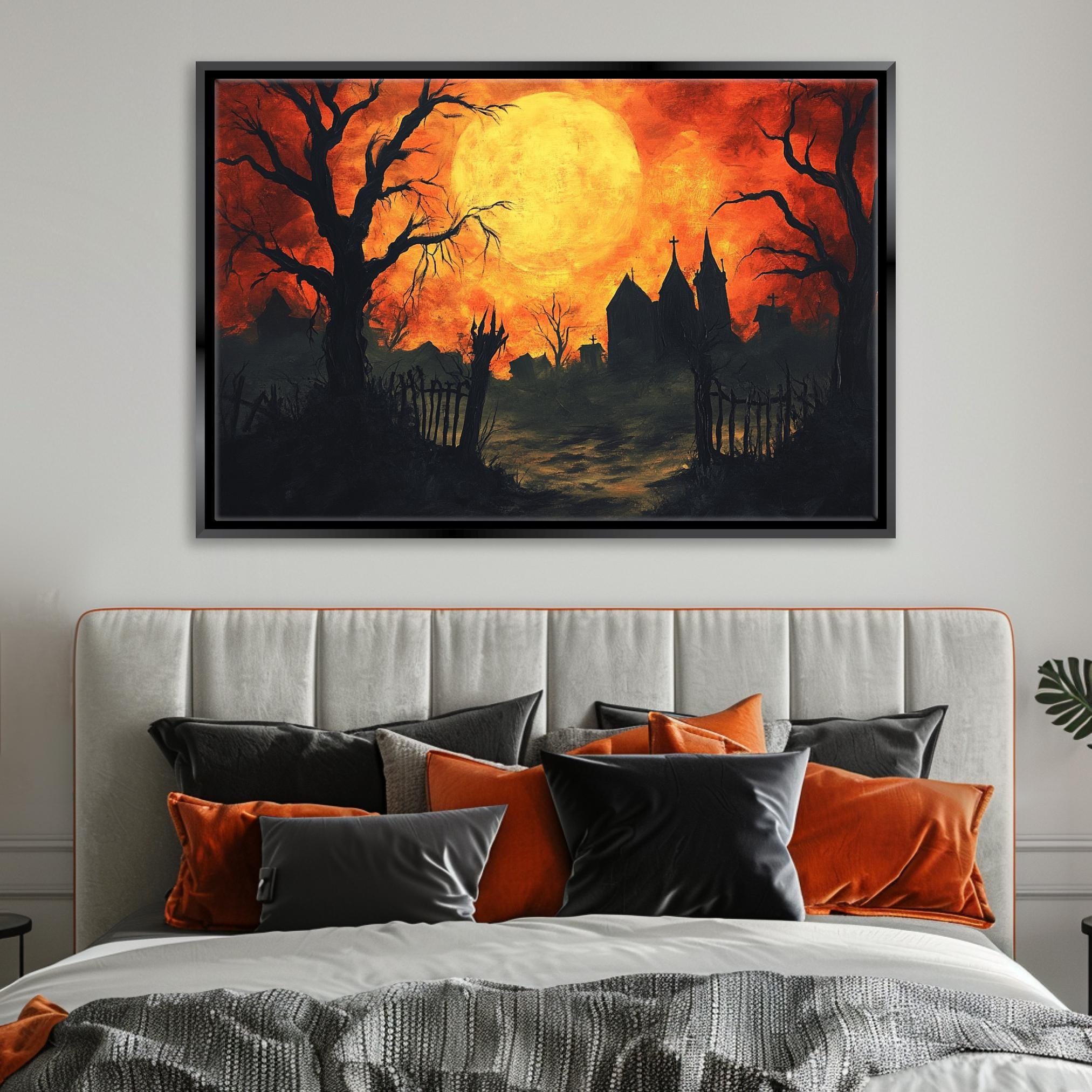 Halloween House Canvas - Extra Large Framed Gothic Wall Art | Orange Black Decor