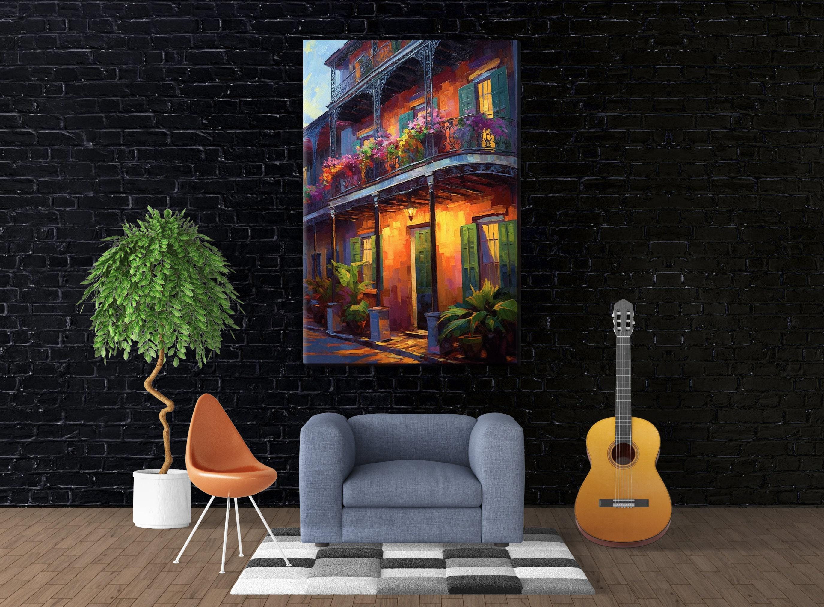 New Orleans Canvas Art – Large Framed French Quarter Painting With Wood Frame