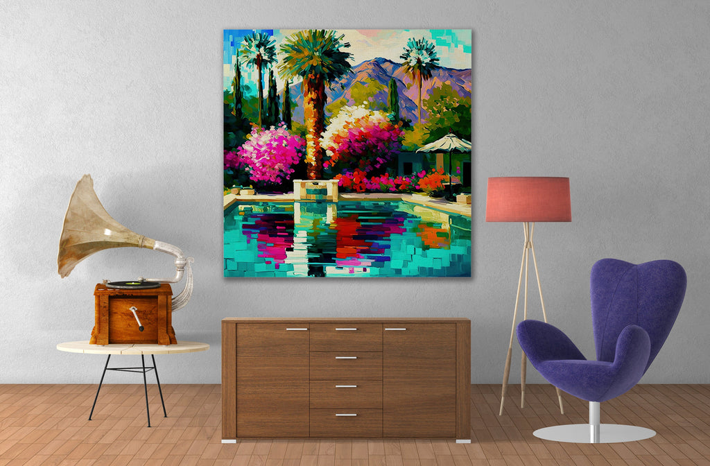 Palm Springs Canvas Print - Vibrant Colorful Pool Scene Painting on Gallery-Ready Canvas