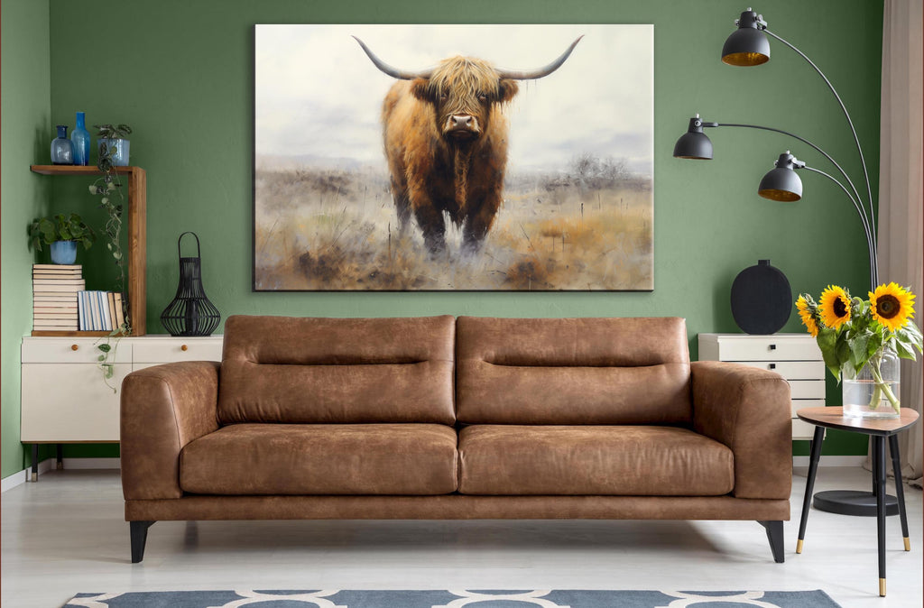 Highland Cow Wall Art – Extra Large Canvas | Rustic Farmhouse Decor Print