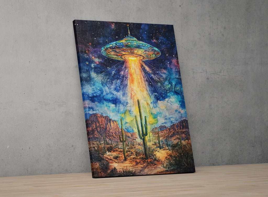 a large, colorful alien spacecraft hovering over a desert landscape with cacti and mountains in the background.
