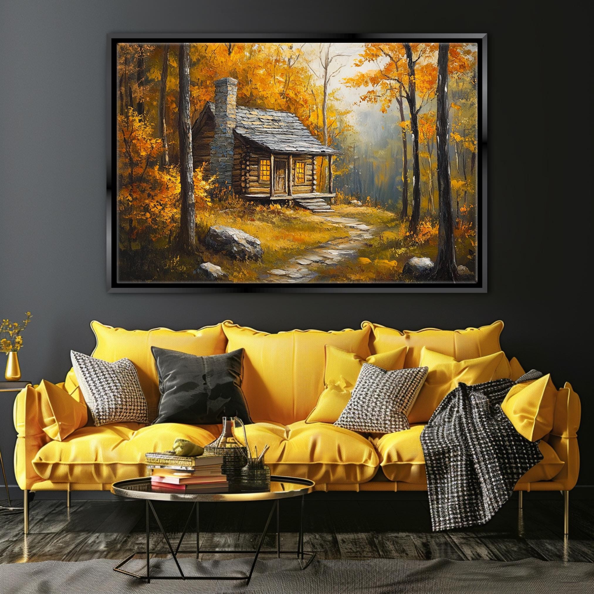 a living room with a yellow couch and a painting on the wall
