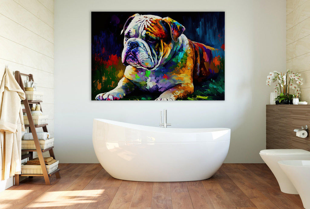 a bathroom with a large, colorful painting of a bulldog on the wall above a white freestanding bathtub.