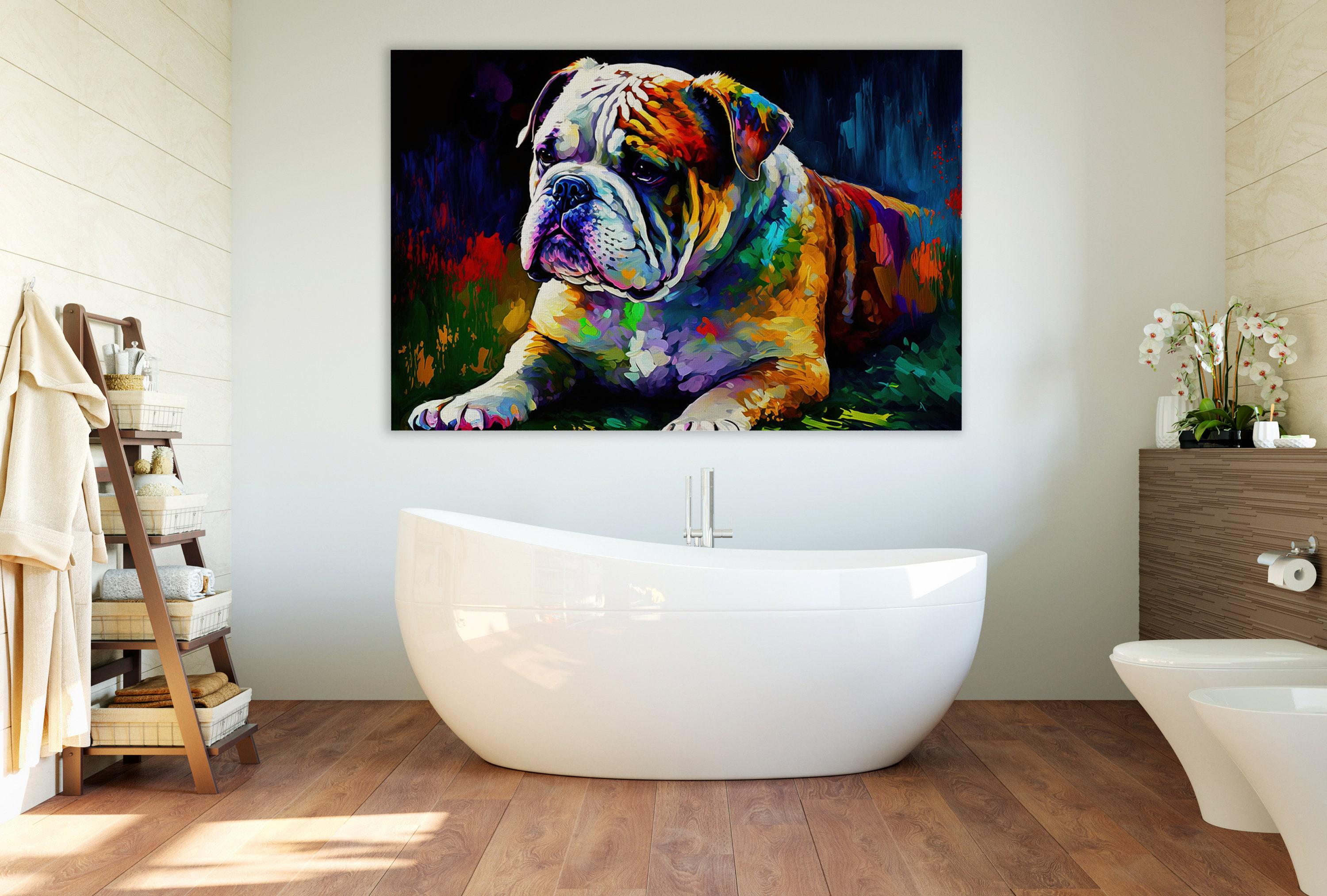 a bathroom with a large, colorful painting of a bulldog on the wall above a white freestanding bathtub.