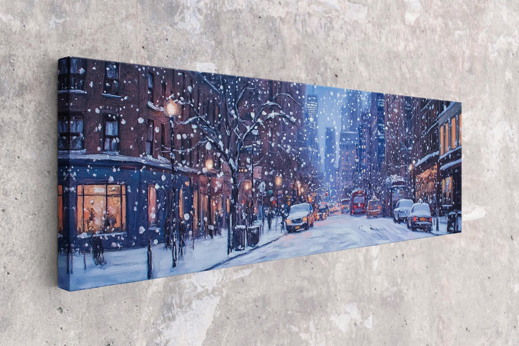 a picture of a snowy city street at night