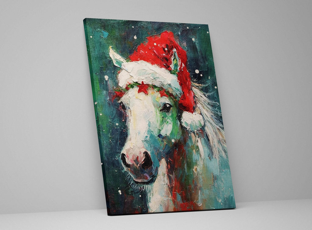 Horse Christmas Canvas - Festive Horse Painting on Gallery Wrapped Canvas for Holiday Home Decor