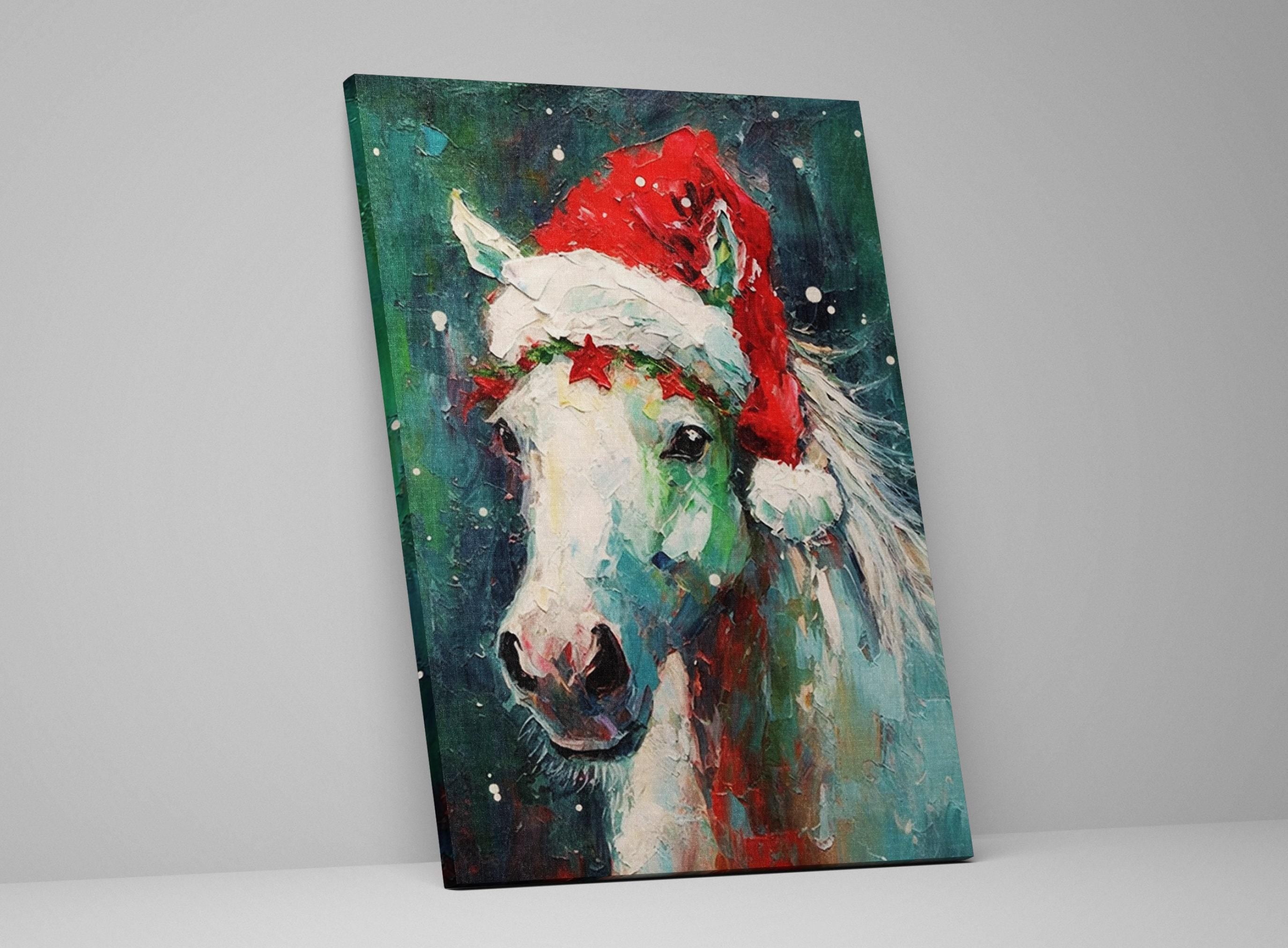 Horse Christmas Canvas - Festive Horse Painting on Gallery Wrapped Canvas for Holiday Home Decor